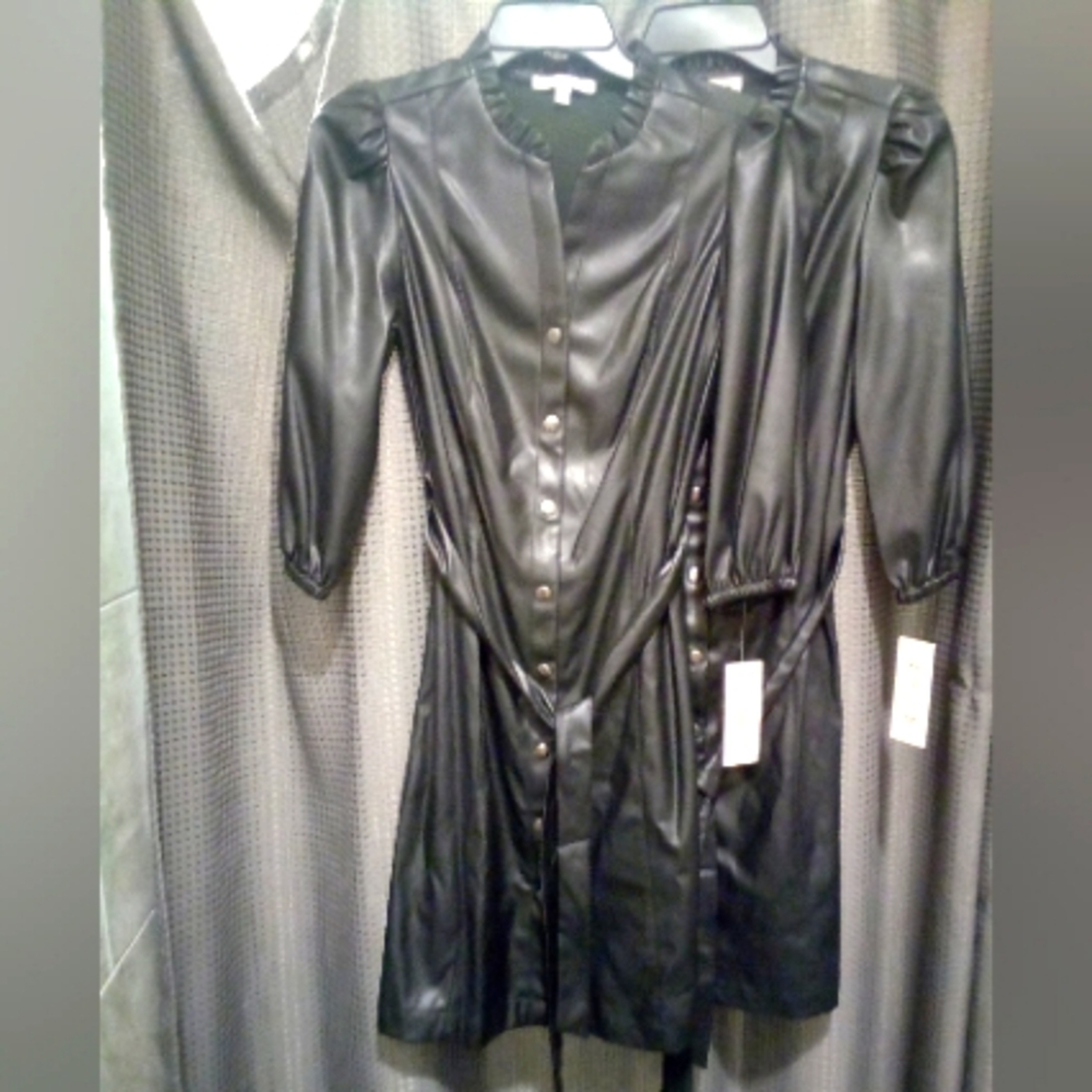 NWT Nanette Lepore Black Spring Shirt Dress Coat Faux Leather Dominatrix S 4